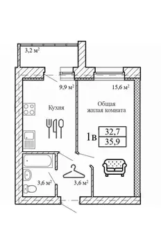 1-к кв. Тамбовская область, Тамбовский муниципальный округ, д. Крутые ...