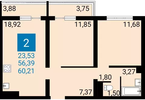 2-комнатная квартира: Анапа, улица Ленина, 235 (56.39 м)
