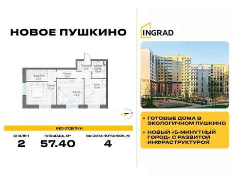 2-к кв. Московская область, Пушкино Новое Пушкино мкр, к20 (57.4 м)