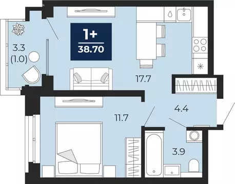 1-комнатная квартира: Тюмень, проезд Капитана Куликова, 7 (41 м)