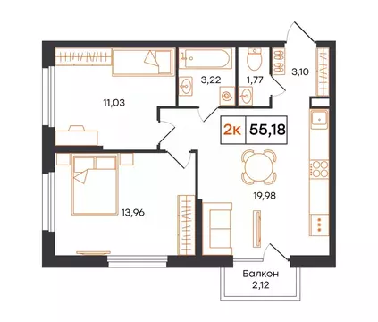 2-к кв. Тюменская область, Тюмень Полевая ул., 117к12 (55.18 м)