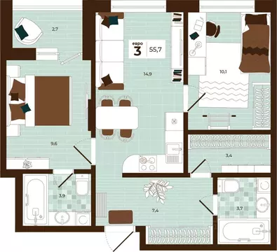 3-к кв. Тульская область, Тула ул. Академика Насоновой, 3 (55.7 м)