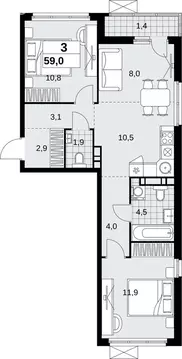 3-комнатная квартира: Москва, пос. Сосенское, Скандинавский бул. (59 ...