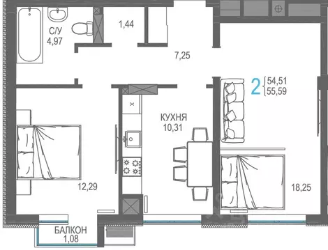 2-к кв. Крым, Симферопольский район, Гвардейское пгт, Республика жилой ...