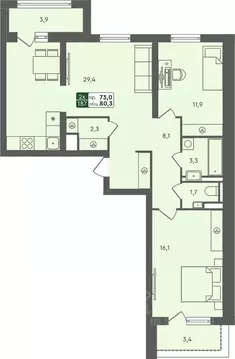 2-к кв. Курганская область, Курган Заозерный жилрайон,  (80.3 м)