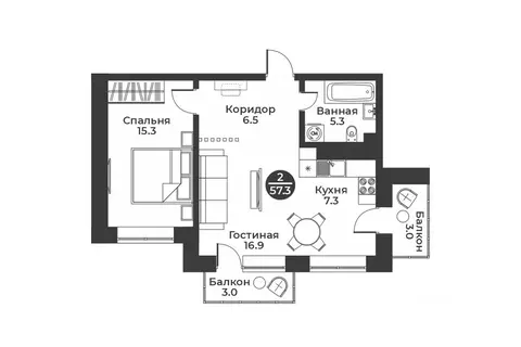 2-к кв. Хакасия, Абакан ул. Генерала Тихонова, 7 (57.3 м)