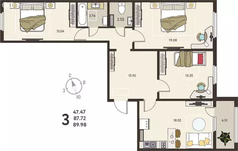 3-комнатная квартира: Курск, микрорайон Курского Завода Тракторных ...