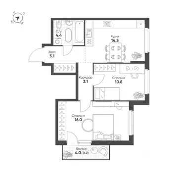 2-к кв. Свердловская область, Екатеринбург Солнечный жилрайон,  (55.1 ...