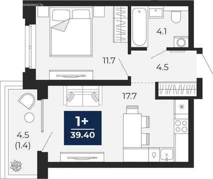 1-комнатная квартира: Тюмень, проезд Капитана Куликова, 7 (42.5 м)