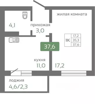 1-к кв. Красноярский край, Красноярск Норильская ул., с2 (37.6 м)