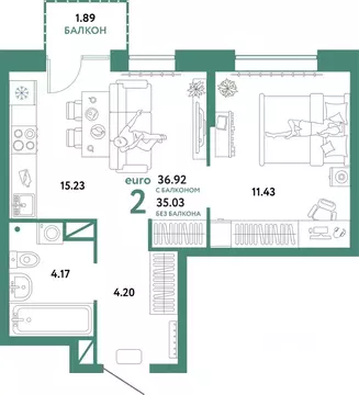 2-к кв. Тюменская область, Тюмень Интернациональная ул., 199к10 (36.92 ...