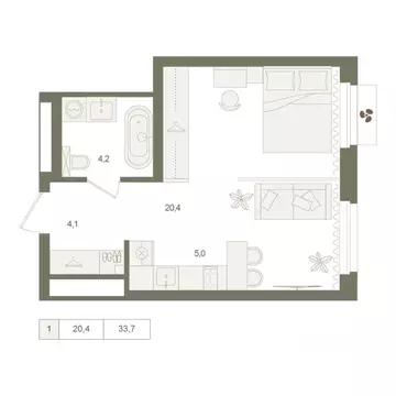 1-к кв. Башкортостан, Уфа Родина Парк жилой комплекс (33.7 м)