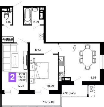 2-к кв. Адыгея, Майкоп 9 Мая ул., 14А (59.82 м)