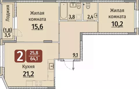 2-к кв. Чувашия, Чебоксары ул. Энергетиков, поз8 (65.85 м)
