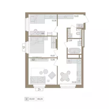 2-к кв. Башкортостан, Уфа бул. Яркий (59.24 м)