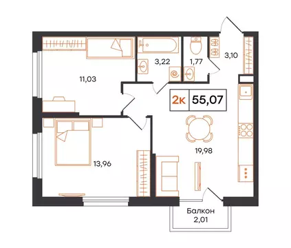 2-к кв. Тюменская область, Тюмень Полевая ул., 117к12 (55.07 м)