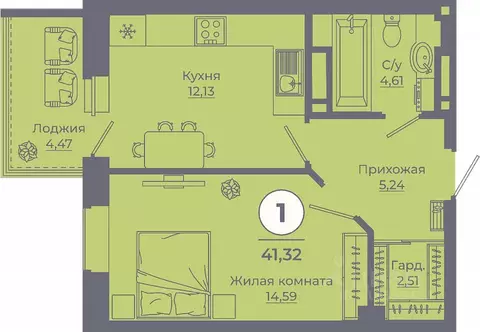 1-к кв. Ростовская область, Ростов-на-Дону ул. Еременко, 113 (41.29 м)