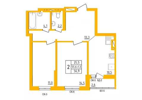 2-к кв. Башкортостан, Уфа Инорс-4Б мкр, Акварель жилой комплекс (56.8 ...