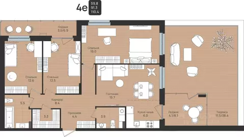 4-к кв. Пермский край, Пермь ул. Космонавта Беляева, 210 (110.4 м)