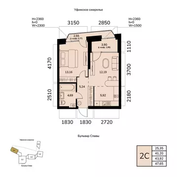 2-к кв. Башкортостан, Уфа ул. Чудинова (43.92 м)