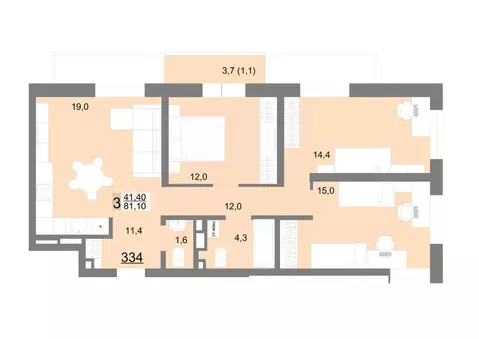 3-к кв. Свердловская область, Екатеринбург ул. Металлургов, 63/1 (78.8 ...