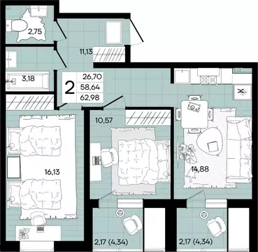 2-к кв. Краснодарский край, Краснодар Народная ул., лит6 (63.09 м)