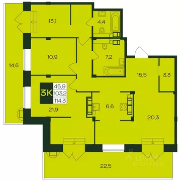 3-к кв. Чувашия, Чебоксары просп. Чебоксарский (114.3 м)