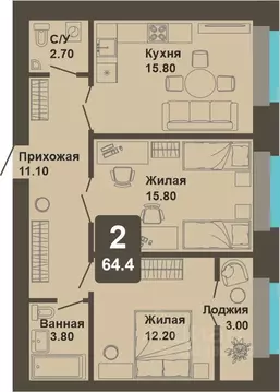2-к кв. Чувашия, Чебоксары ул. И.П. Прокопьева (64.4 м)