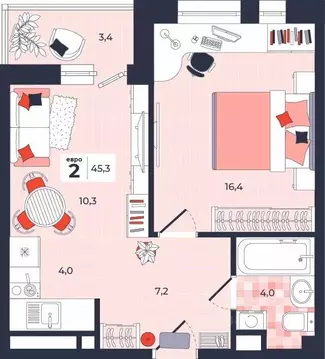 2-к кв. Тульская область, Тула ул. Академика Насоновой, 1А (45.3 м)