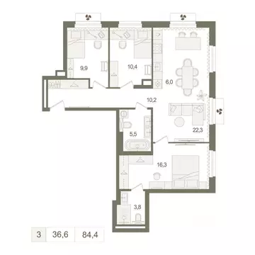 3-к кв. Башкортостан, Уфа Родина Парк жилой комплекс (84.4 м)