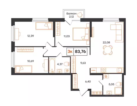 3-к кв. Тюменская область, Тюмень Фатера жилой комплекс (83.76 м)