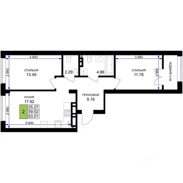 2-к кв. Калининградская область, Гурьевск Включи жилой комплекс (63.01 ...