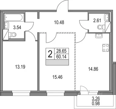 2-к кв. Санкт-Петербург Коломяжский просп., 13к3 (60.14 м)