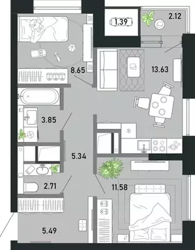 2-к кв. Тульская область, Тула Премьер Парк жилой комплекс (54.76 м)