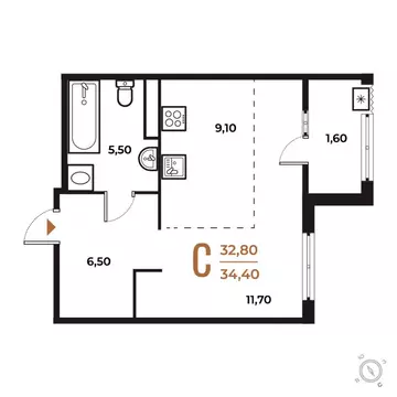 Студия Москва № 82 кв-л, Новое Летово жилой комплекс (34.4 м)