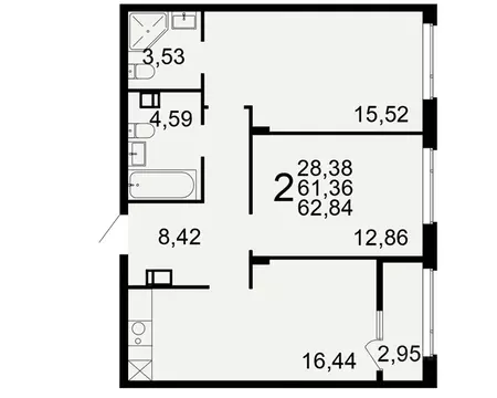 2-к кв. Тульская область, Тула Флагман жилой комплекс (61.36 м)