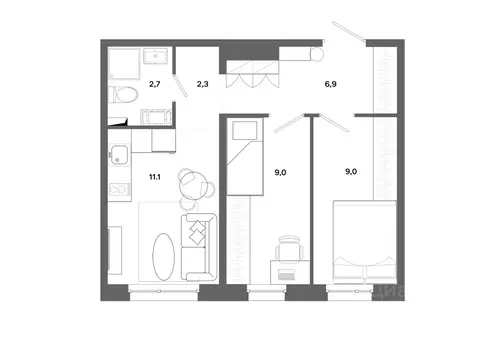 2-к кв. Ханты-Мансийский АО, Сургут ул. Ивана Захарова, 16 (41.0 м)