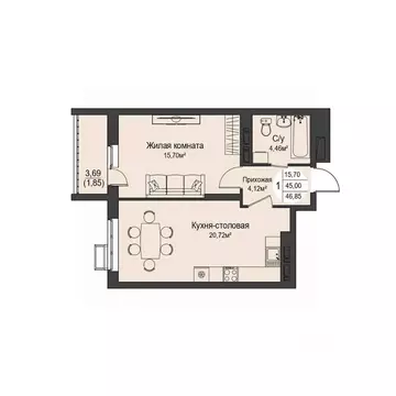 1-к кв. Орловская область, Орел ул. Кузнецова, 1 (46.85 м)