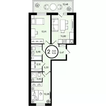 2-к кв. Тюменская область, Тюмень ул. Александра Звягина, 2 (74.04 м)