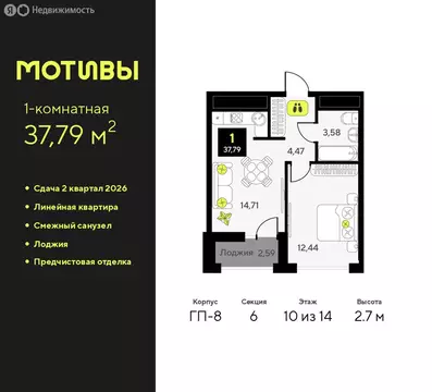 1-комнатная квартира: Тюмень, жилой комплекс Мотивы (37.79 м)