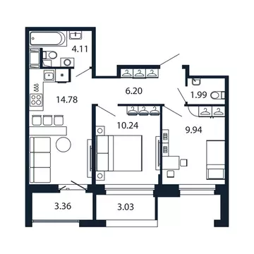 2-комнатная квартира: Новоселье, Центральная улица, 30к1 (46.9 м)