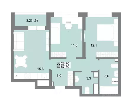 2-к кв. Свердловская область, Екатеринбург ул. Семена Лагоды, 80 (57.8 ...