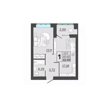 1-к кв. Брянская область, Брянск Архитектор жилой комплекс (42.6 м)