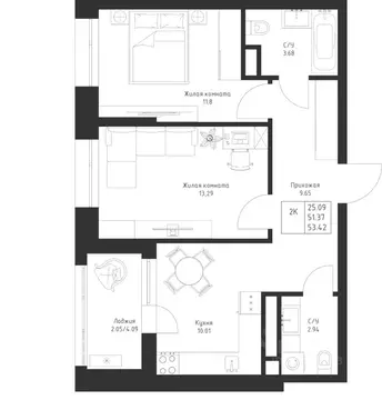 2-к кв. Татарстан, Казань Седьмое Небо жилрайон,  (53.42 м)
