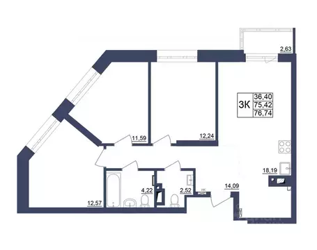3-к кв. Башкортостан, Уфа Космос жилой комплекс, лит1 (76.84 м)