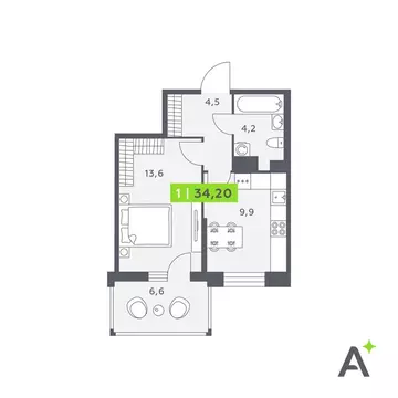 1-комнатная квартира: Кудрово, Солнечная улица, 4 (34.2 м)