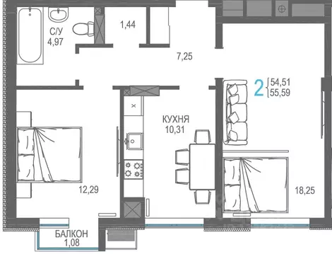 2-к кв. Крым, Симферопольский район, Гвардейское пгт, Республика жилой ...