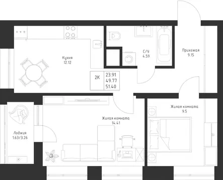 2-к кв. Татарстан, Казань Седьмое Небо жилрайон,  (51.4 м)