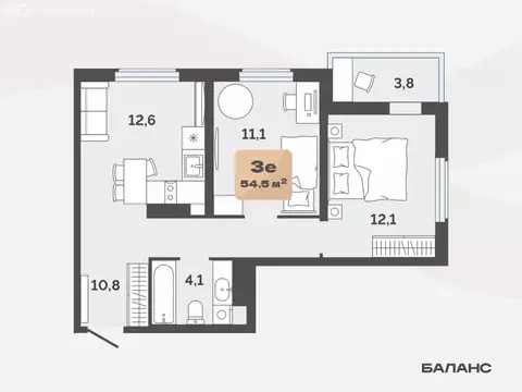 2-комнатная квартира: Тюмень, улица Республики, 204к19 (52.6 м)