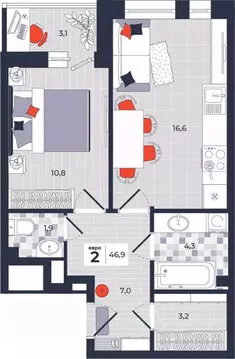 2-к кв. Тульская область, Тула ул. Академика Насоновой, 1А (46.9 м)